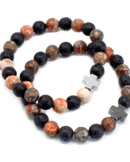 Set 2 bratari de prietenie cu pietre semipretioase – Eternity – Jasper din piele de leopard si piatra de lava