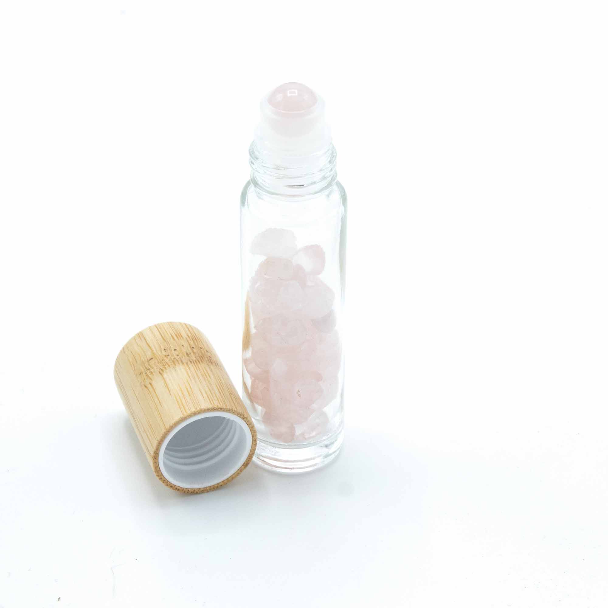 Sticla Roll-On pentru Ulei Esențial cu Pietre semiprețioase - Cuarț Roz - Capac din Lemn