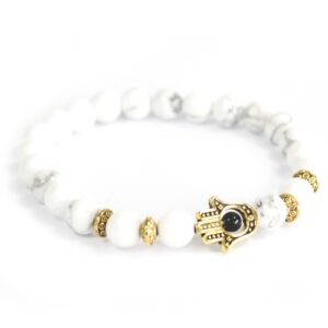Gold Hamsa / White Stone - Brățară cu pietre semiprețioase 22 Gold Hamsa / White Stone - Brățară cu pietre semiprețioase