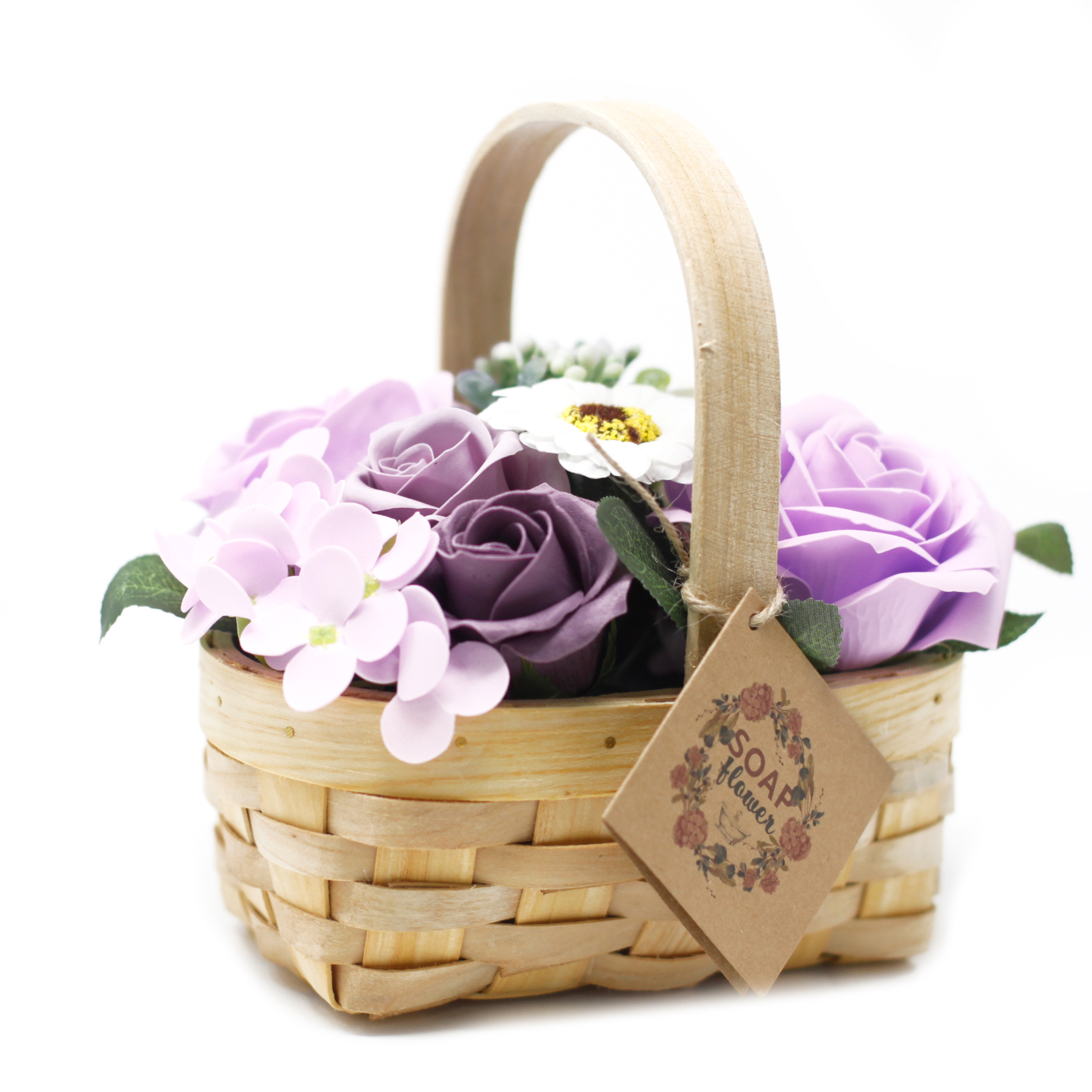 Buchet mediu de liliac în coș de răchită