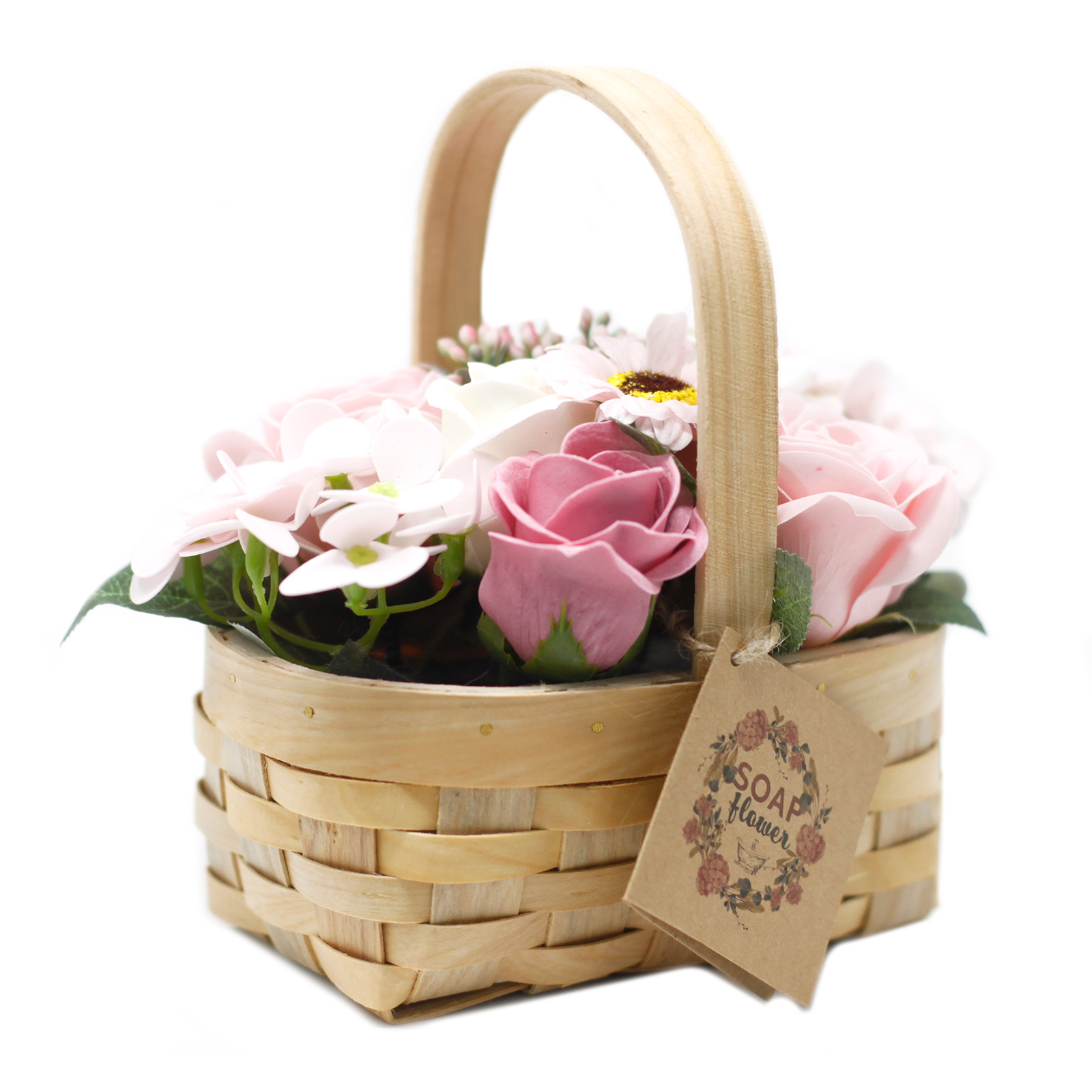 Buchet roz mediu în coș de răchită