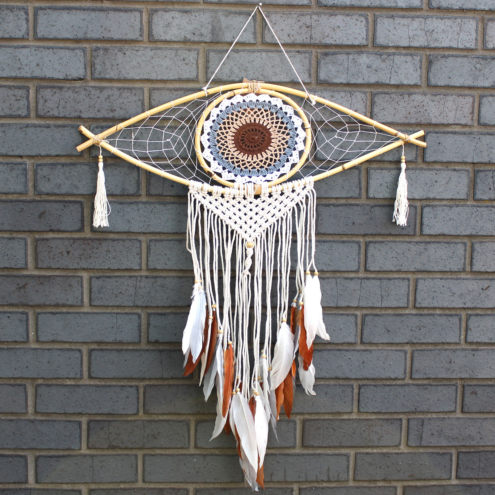 Dream Catcher (Prinzător de Vise) Protector - Ochi Mare Macrame - Alb / Gri / Maro
