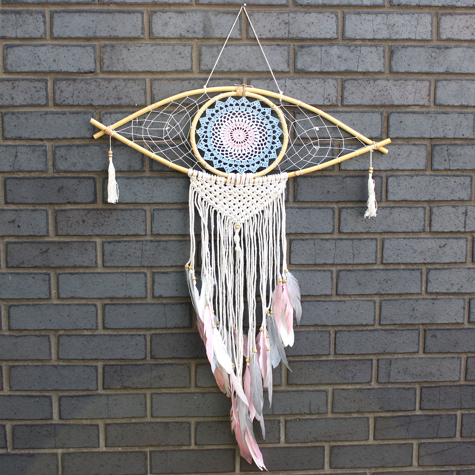 Dream Catcher (Prinzător de Vise) Protector - Ochi Mare Macrame - Albastru / Alb / Roz
