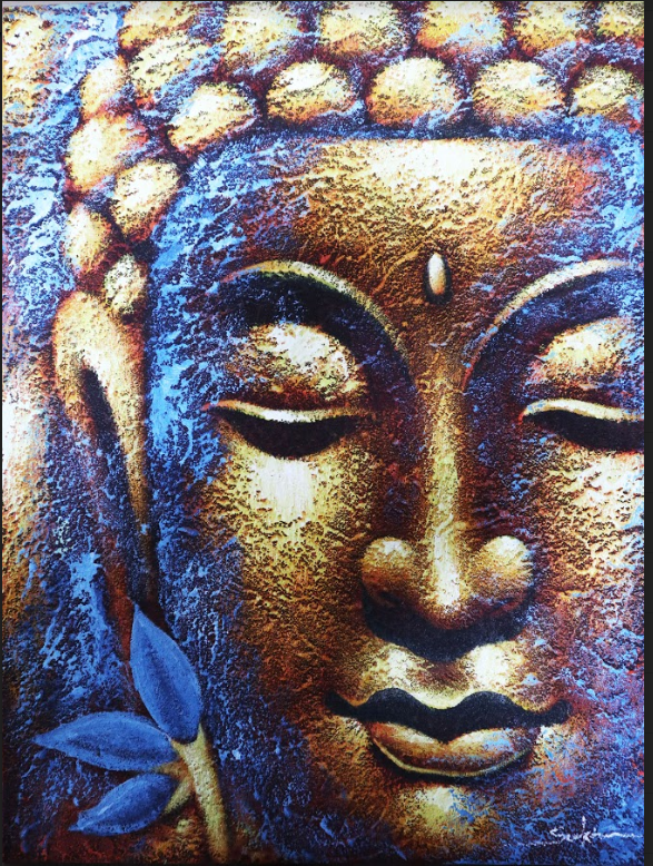 Pictură Buddah - Față de aur și Floare de Lotus