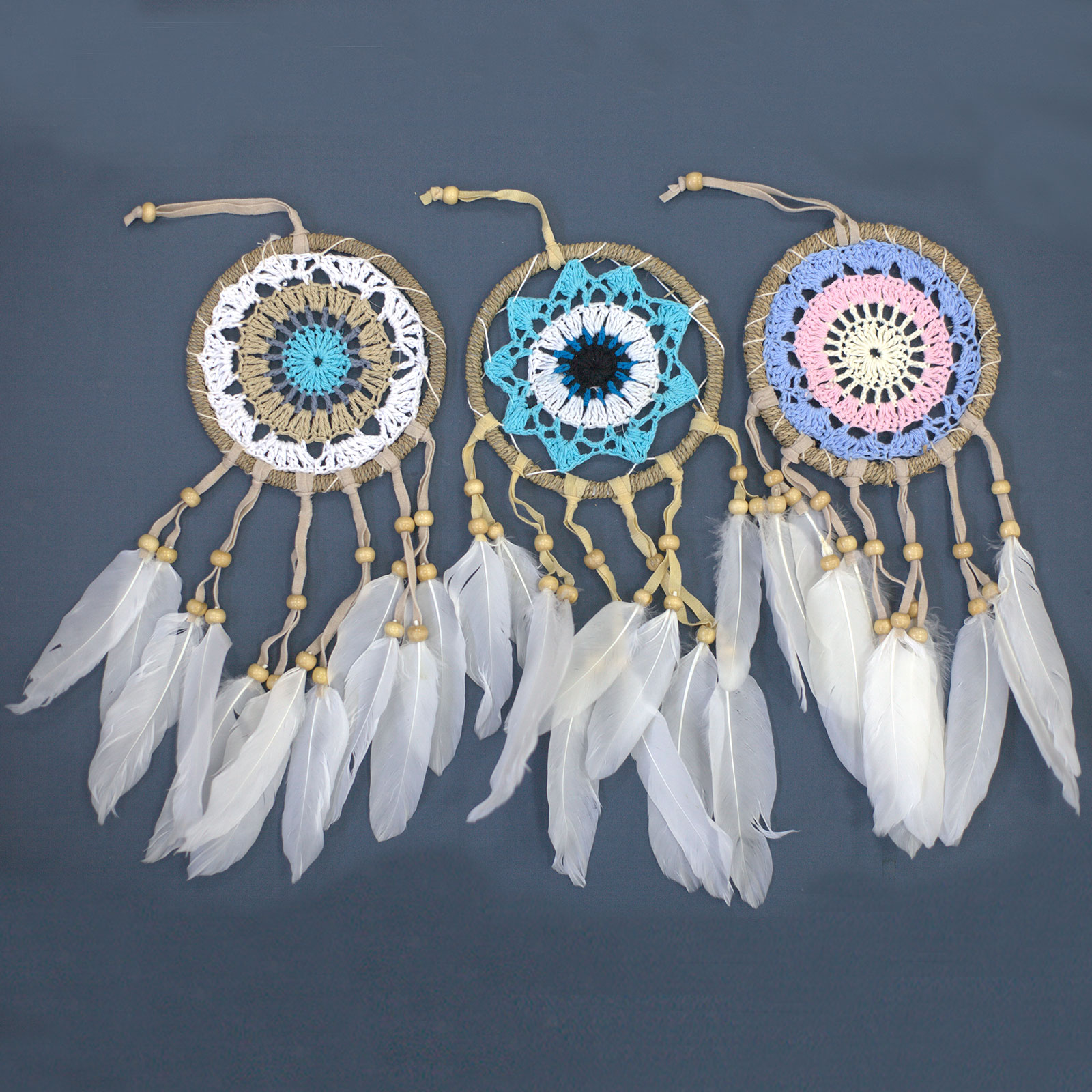 6x Capcana de vise în macrame albastru pastel 12 cm
