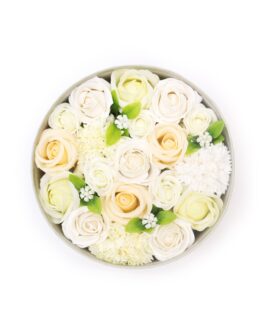 Cutie rotundă – Flori săpun – Alb și Fildeș