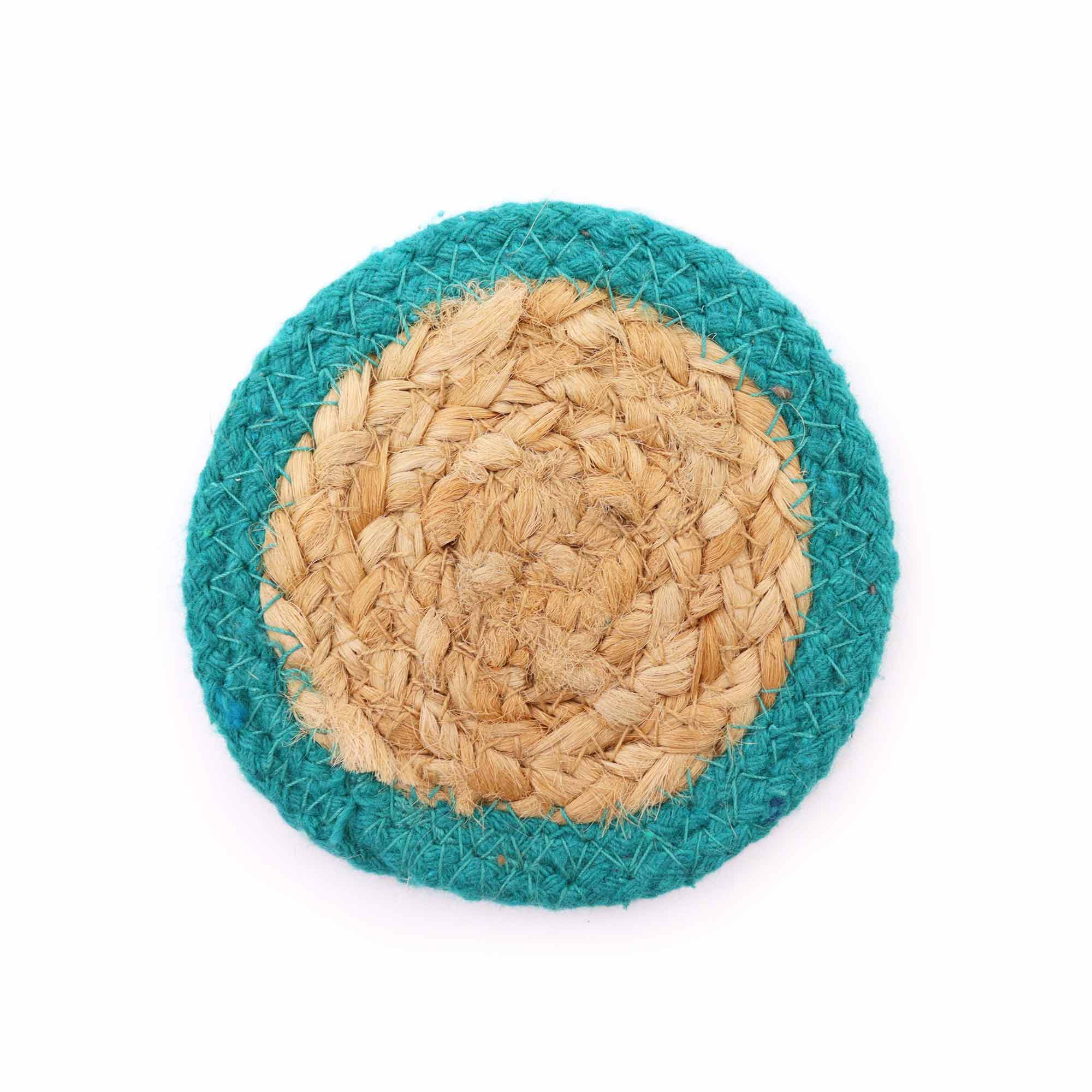 Coaster natural - Iuta & Bumbac 10cm (set de 4) - Teal Boarder 1 Coaster natural - Iuta & Bumbac 10cm (set de 4) - Teal Boarder