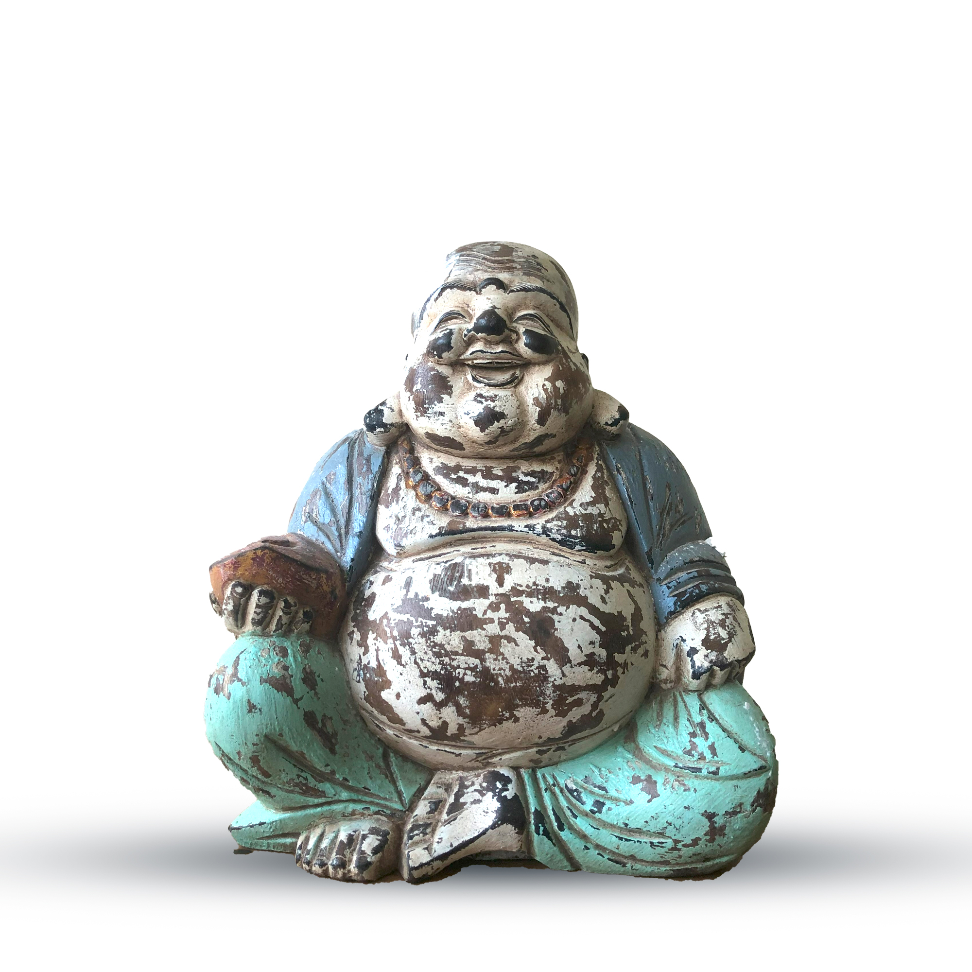 Statuie Buddha sculptată manual de epocă cu mentă albastră - 30 cm - Buddha fericit