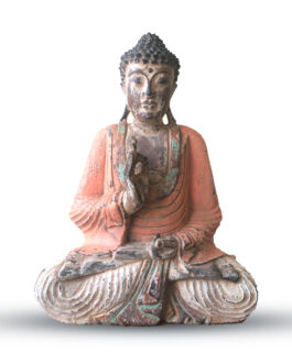 Statuie Buddha sculptată manual portocaliu de epocă – 40cm – Transmitere didactică