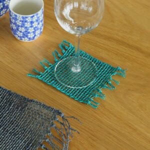 Set de 4 Coaster natural cu franjuri din iarbă de mare - turcoaz
