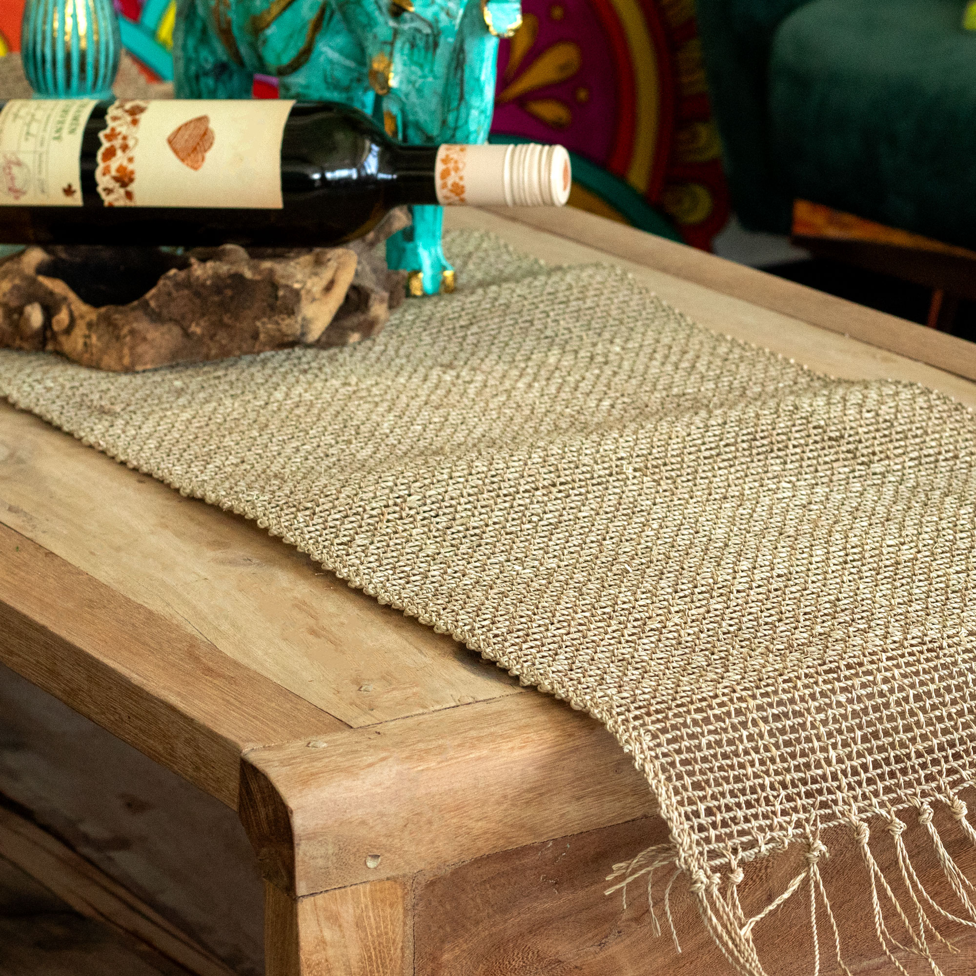 Aleer de masă natural cu franjuri din iarbă de mare - 150 cm 1 Aleer de masă natural cu franjuri din iarbă de mare - 150 cm