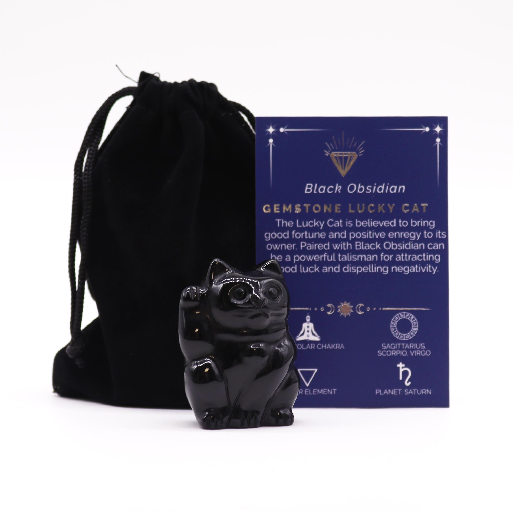 Pisică Norocoasă din Piatră semiprețioasă - Obsidian Negru