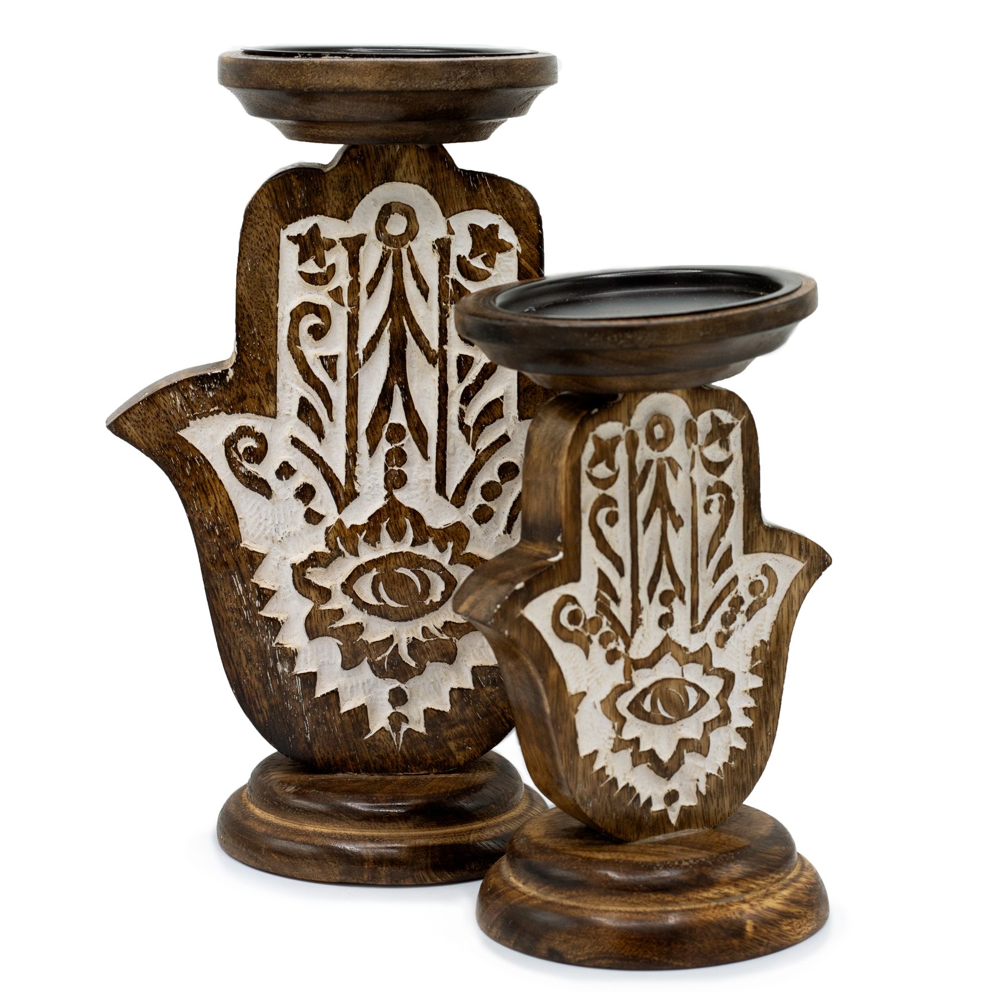Suport pentru Lumânare din Lemn de Mango - Hamsa - Mic 18x11cm 4 Suport pentru Lumânare din Lemn de Mango - Hamsa - Mic 18x11cm - imagine 2
