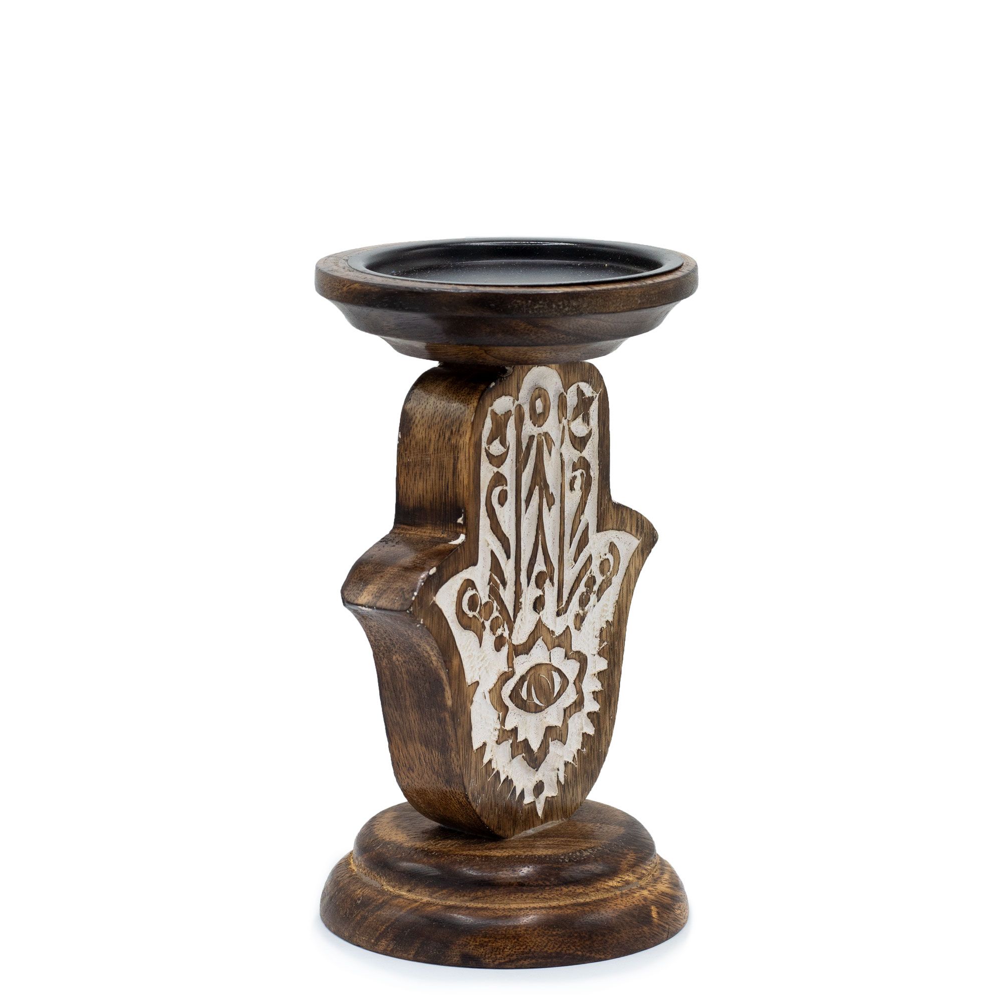 Suport pentru Lumânare din Lemn de Mango - Hamsa - Mic 18x11cm 5 Suport pentru Lumânare din Lemn de Mango - Hamsa - Mic 18x11cm - imagine 3
