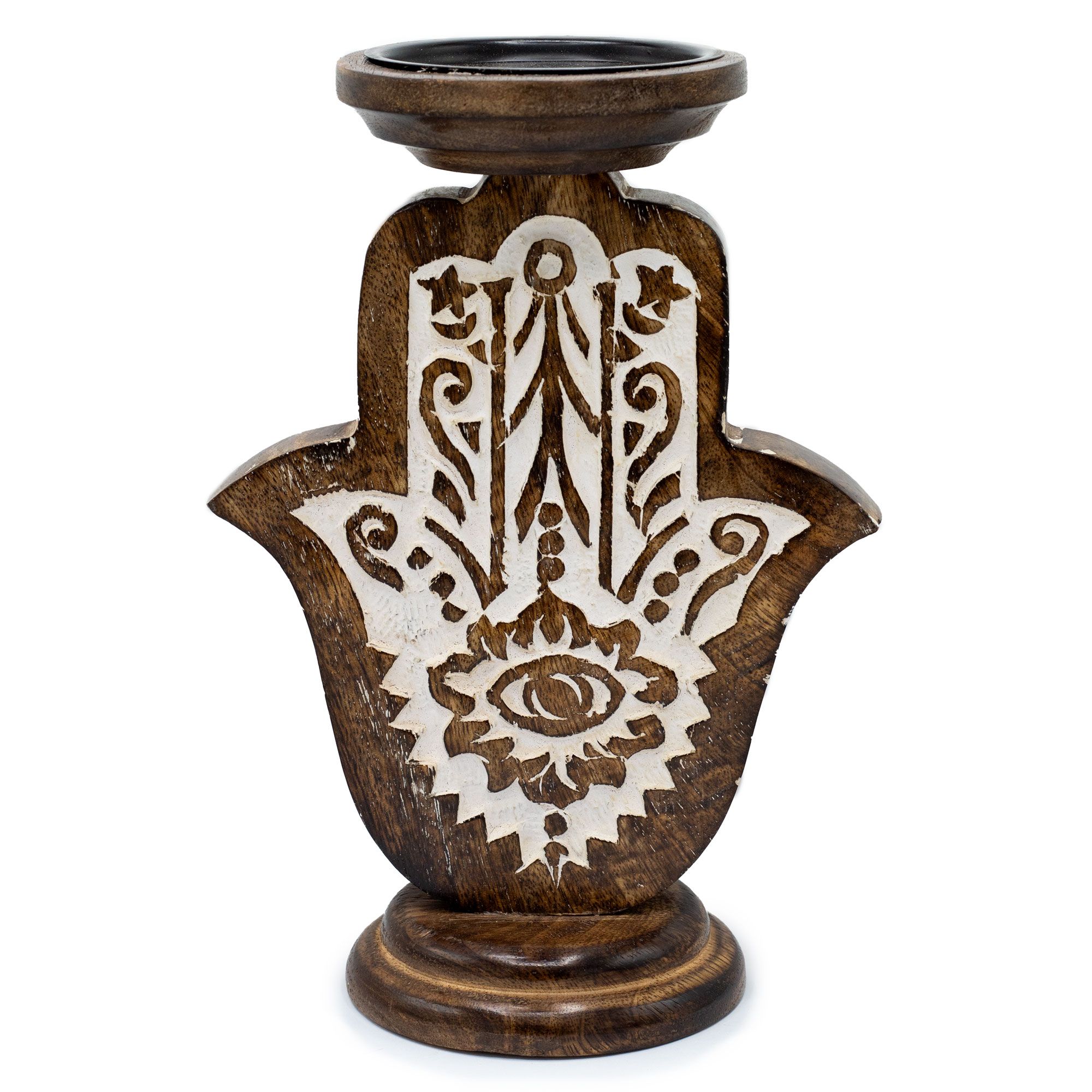 Suport pentru Lumânare din Lemn de Mango - Hamsa - Mare 25x18cm 1 Suport pentru Lumânare din Lemn de Mango - Hamsa - Mare 25x18cm