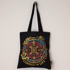 Geantă tote clasică Iconic - Compass of Life - Neagră, 170 g